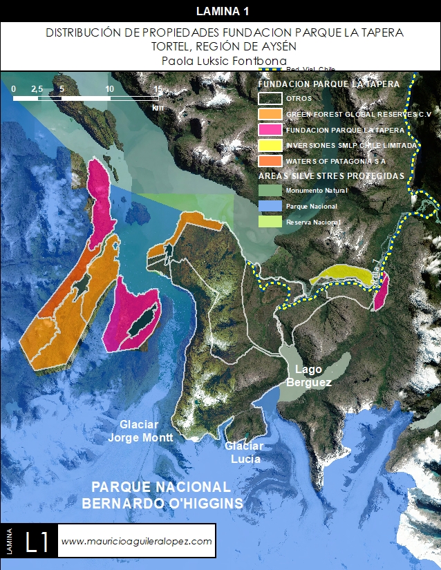 Distribución de propiedades Fundación Parque La Tapera, Tortel, Región de Aysén, vinculados a Paola Luksic Fontbona.
